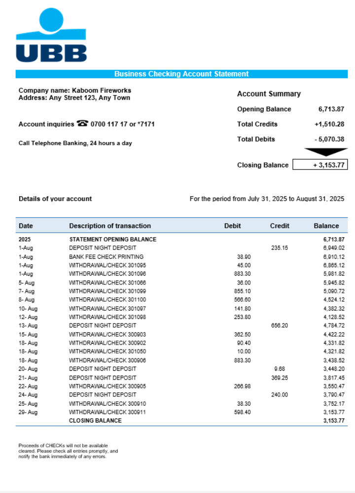 Déclaration de l'entreprise commerciale UBB Format Word et PDF